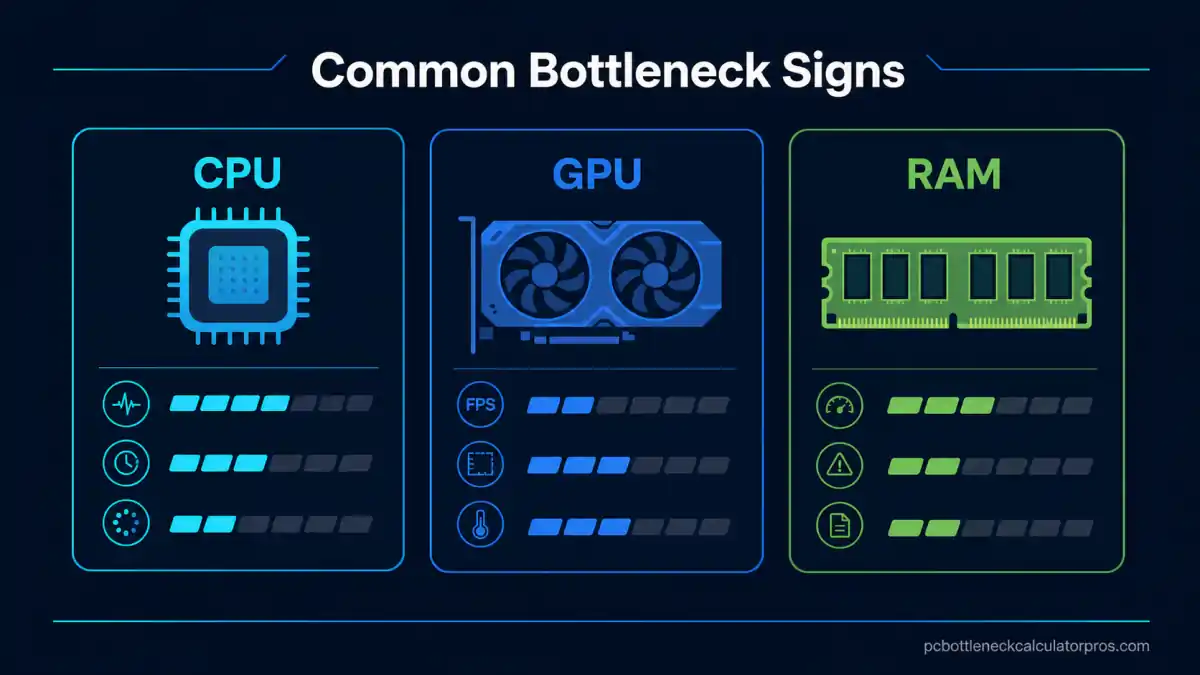 Common PC bottleneck signs across CPU, GPU, and RAM