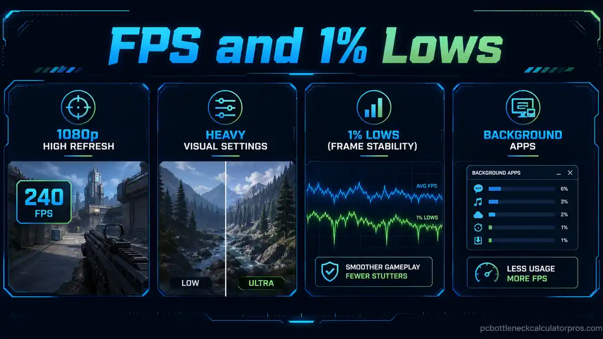Infographic showing FPS and one percent low factors in gaming bottleneck checks