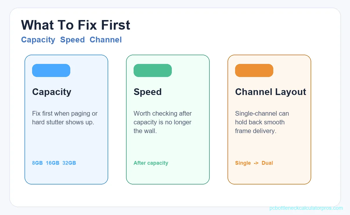 RAM bottleneck comparison showing whether capacity, memory speed, or channel layout should be fixed first