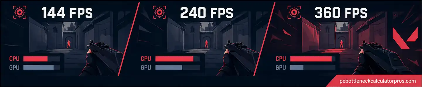 Valorant FPS target comparison image showing 144 FPS 240 FPS and 360 FPS with heavier CPU pressure at higher refresh goals